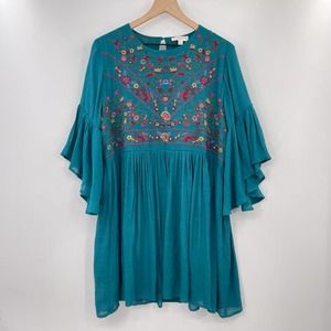 Umgee Peacock Embroidered Tunic/Babydoll Dress Womens Sz Lg/XL Teal Bell Sleeve